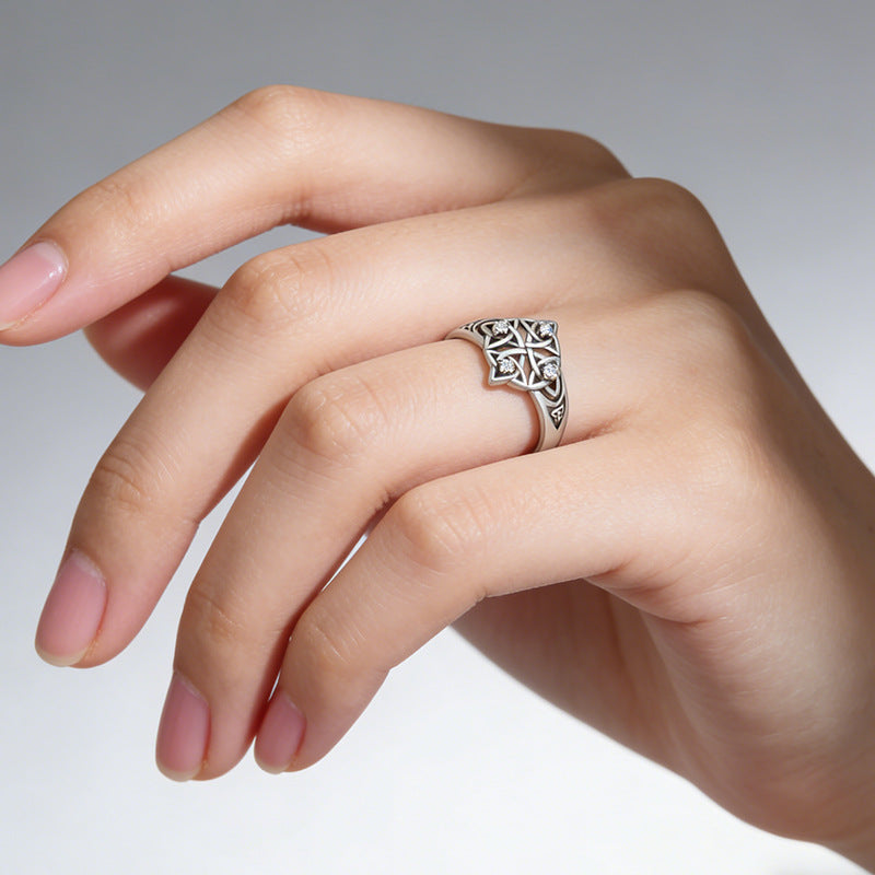 Celtic Knot Ring For Unisex Featuring Electroplated Silver Plated Finish With Rhinestones Inlay, Witches Knot Jewelry