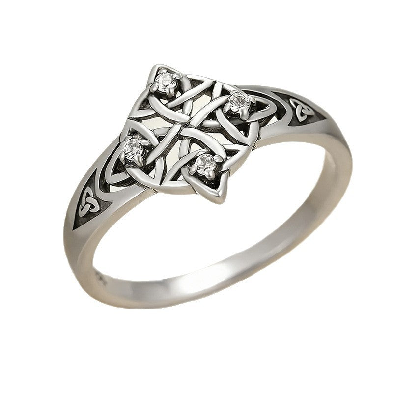 Celtic Knot Ring For Unisex Featuring Electroplated Silver Plated Finish With Rhinestones Inlay, Witches Knot Jewelry
