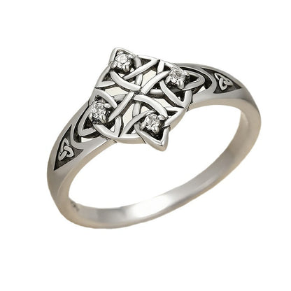 Celtic Knot Ring For Unisex Featuring Electroplated Silver Plated Finish With Rhinestones Inlay, Witches Knot Jewelry