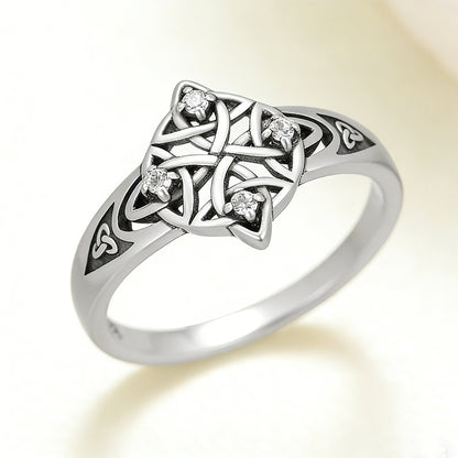 Celtic Knot Ring For Unisex Featuring Electroplated Silver Plated Finish With Rhinestones Inlay, Witches Knot Jewelry