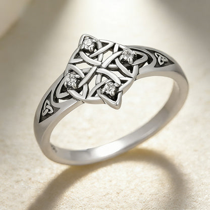 Celtic Knot Ring For Unisex Featuring Electroplated Silver Plated Finish With Rhinestones Inlay, Witches Knot Jewelry
