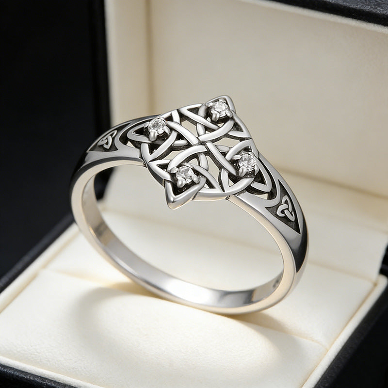 Celtic Knot Ring For Unisex Featuring Electroplated Silver Plated Finish With Rhinestones Inlay, Witches Knot Jewelry