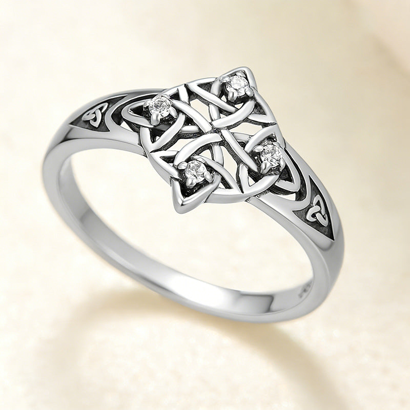 Celtic Knot Ring For Unisex Featuring Electroplated Silver Plated Finish With Rhinestones Inlay, Witches Knot Jewelry