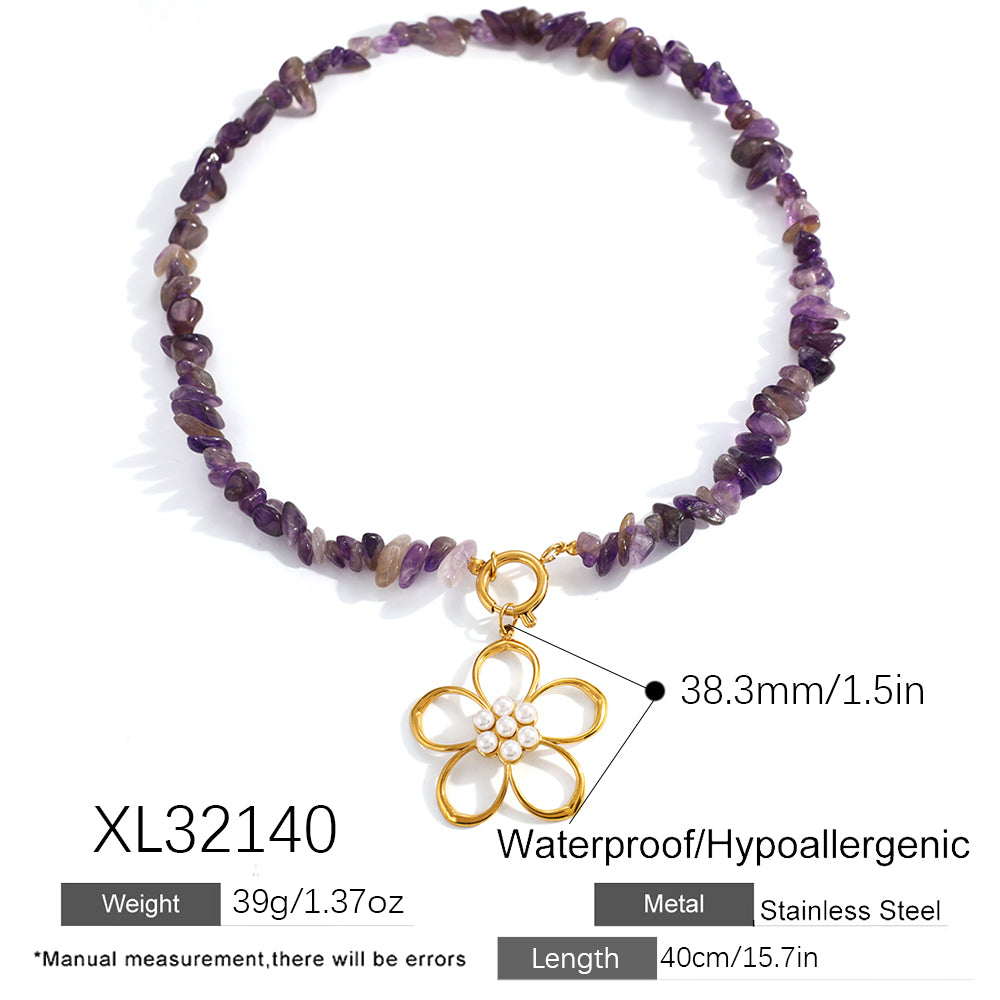 Unisex Flowers Necklace For Everyday Wear Featuring 304 Stainless Steel With 18K Real Gold Plated Beaded Chain And Plastic Inlay