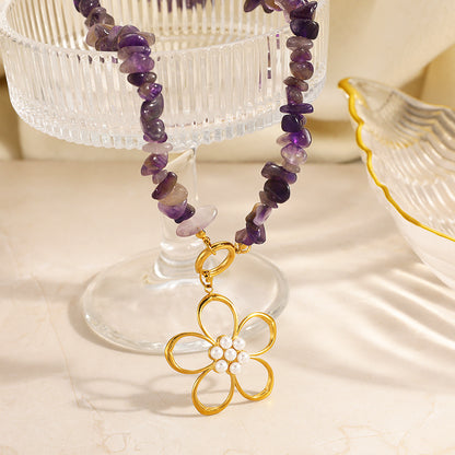 Unisex Flowers Necklace For Everyday Wear Featuring 304 Stainless Steel With 18K Real Gold Plated Beaded Chain And Plastic Inlay