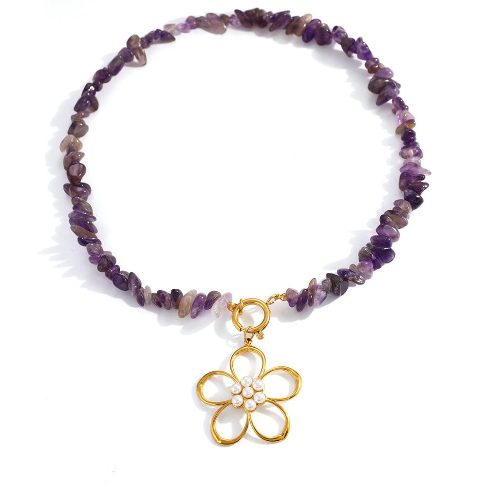 Unisex Flowers Necklace For Everyday Wear Featuring 304 Stainless Steel With 18K Real Gold Plated Beaded Chain And Plastic Inlay