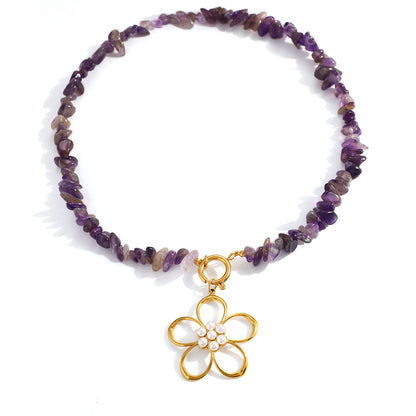Unisex Flowers Necklace For Everyday Wear Featuring 304 Stainless Steel With 18K Real Gold Plated Beaded Chain And Plastic Inlay