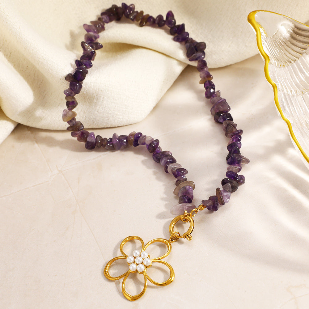Unisex Flowers Necklace For Everyday Wear Featuring 304 Stainless Steel With 18K Real Gold Plated Beaded Chain And Plastic Inlay