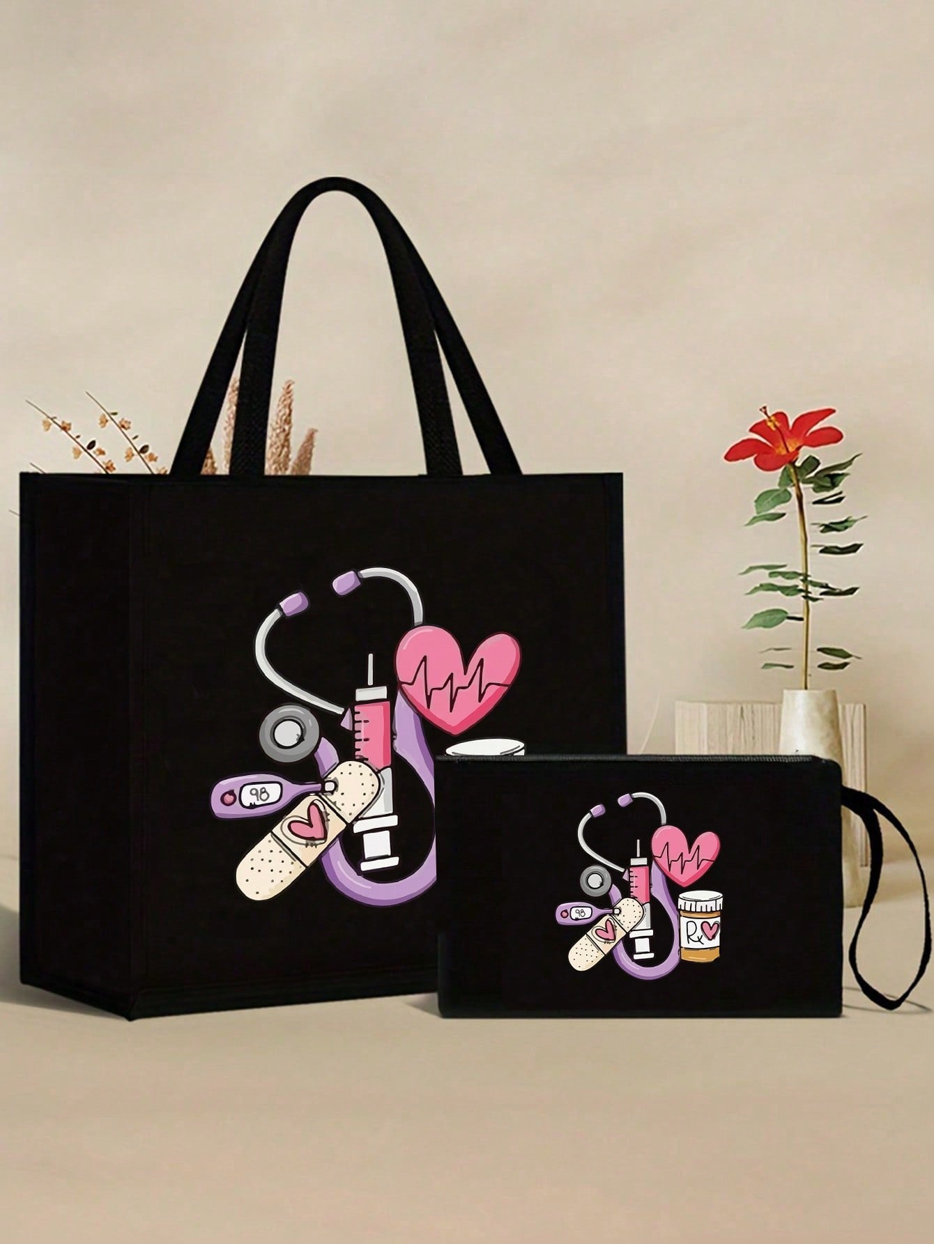 Electrocardiogram Square Polyester Cosmetic Bag For Women, Ideal For Nurses Day And All Seasons