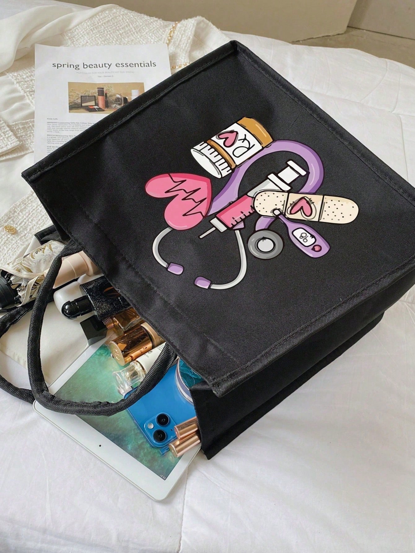 Electrocardiogram Square Polyester Cosmetic Bag For Women, Ideal For Nurses Day And All Seasons