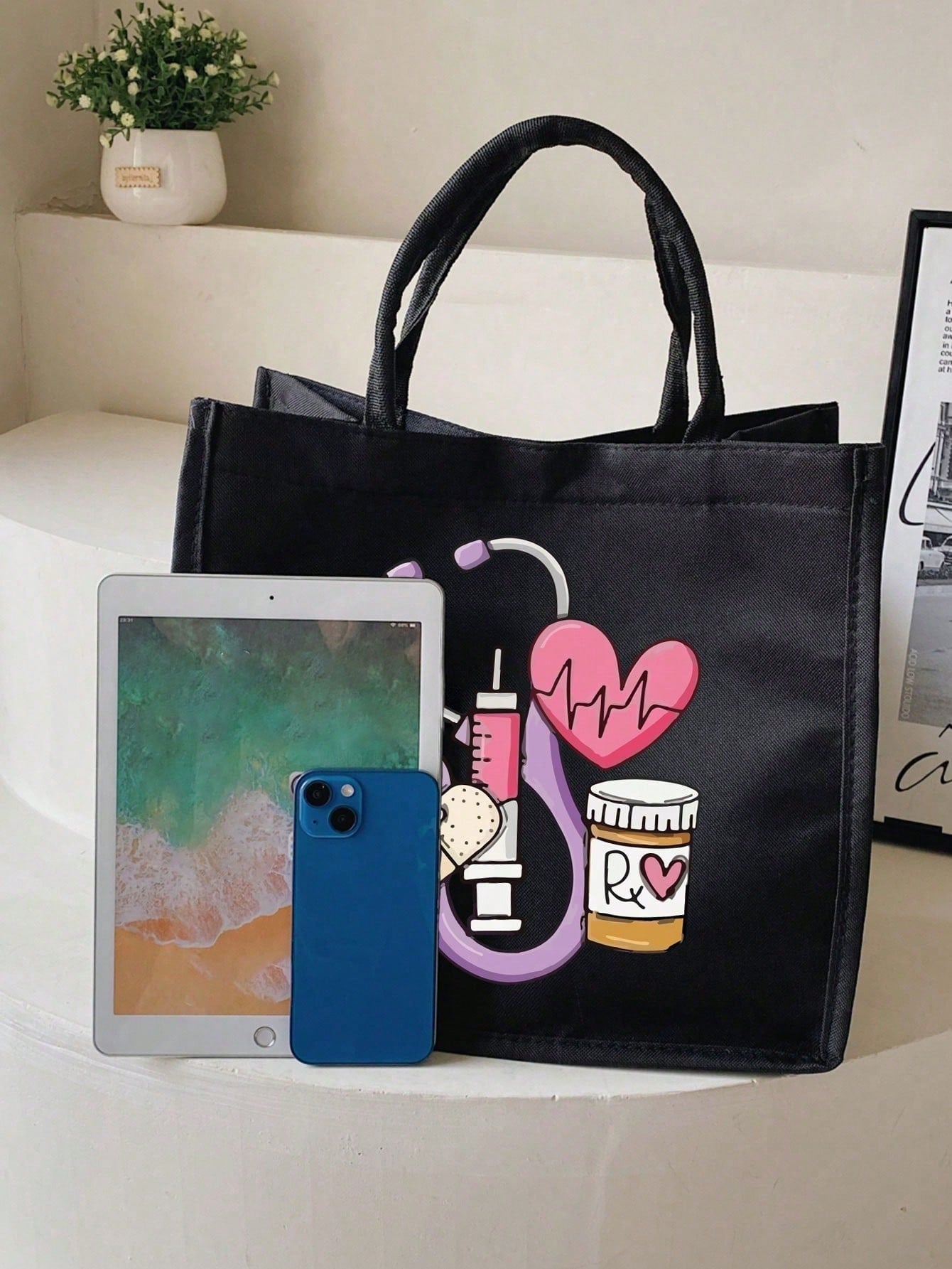 Electrocardiogram Square Polyester Cosmetic Bag For Women, Ideal For Nurses Day And All Seasons