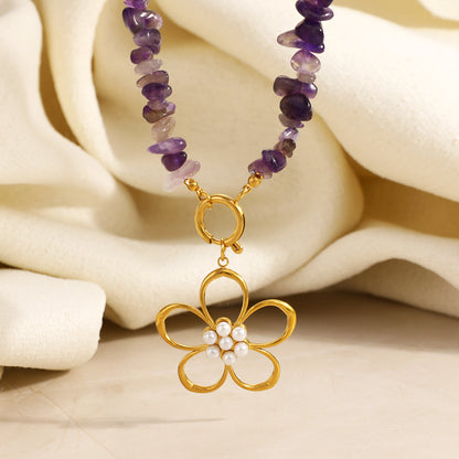 Unisex Flowers Necklace For Everyday Wear Featuring 304 Stainless Steel With 18K Real Gold Plated Beaded Chain And Plastic Inlay