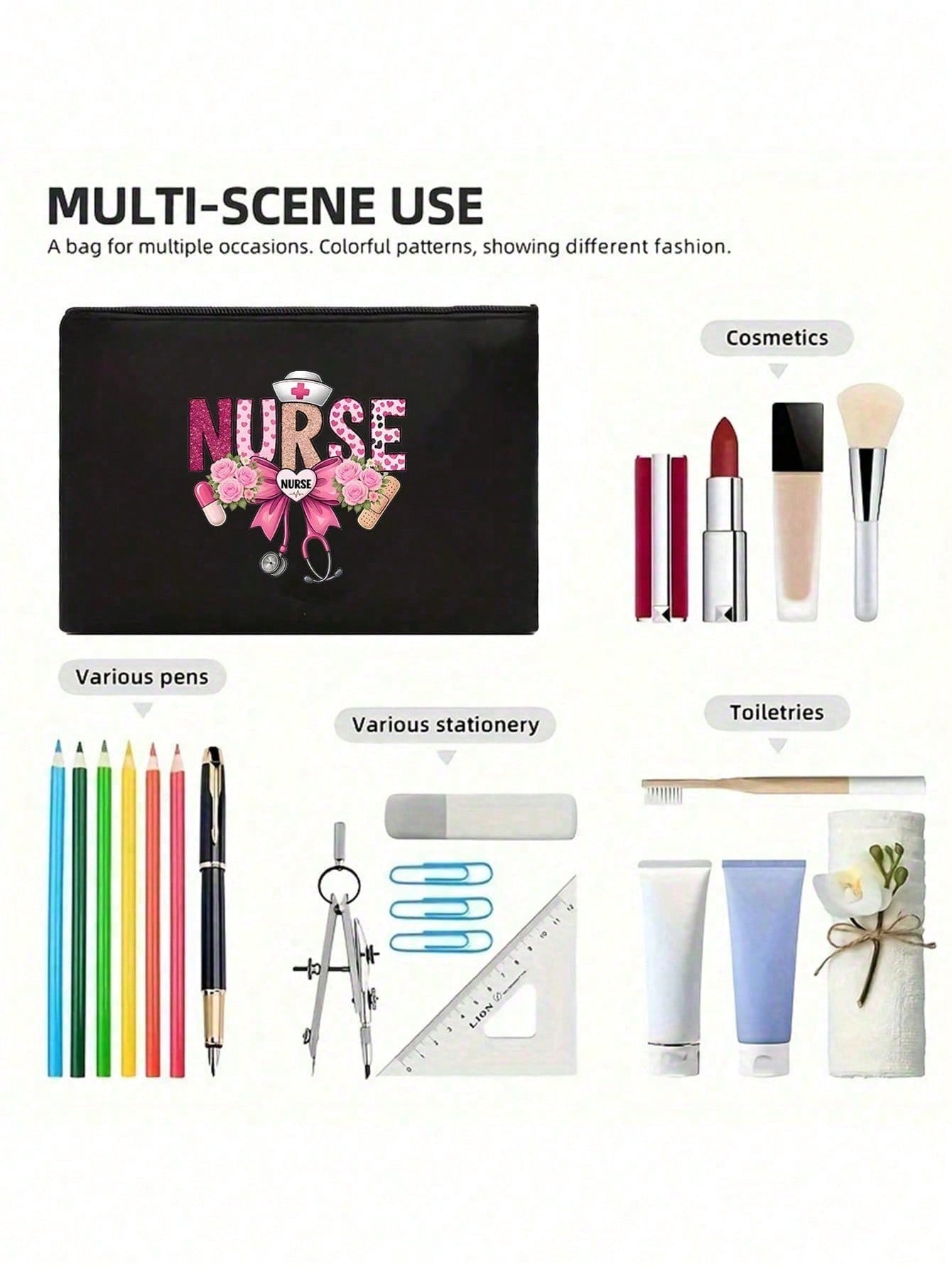 Women’s Square Polyester Cosmetic Bag With Cross Pattern, Suitable For All Seasons And Nurses Day Gift