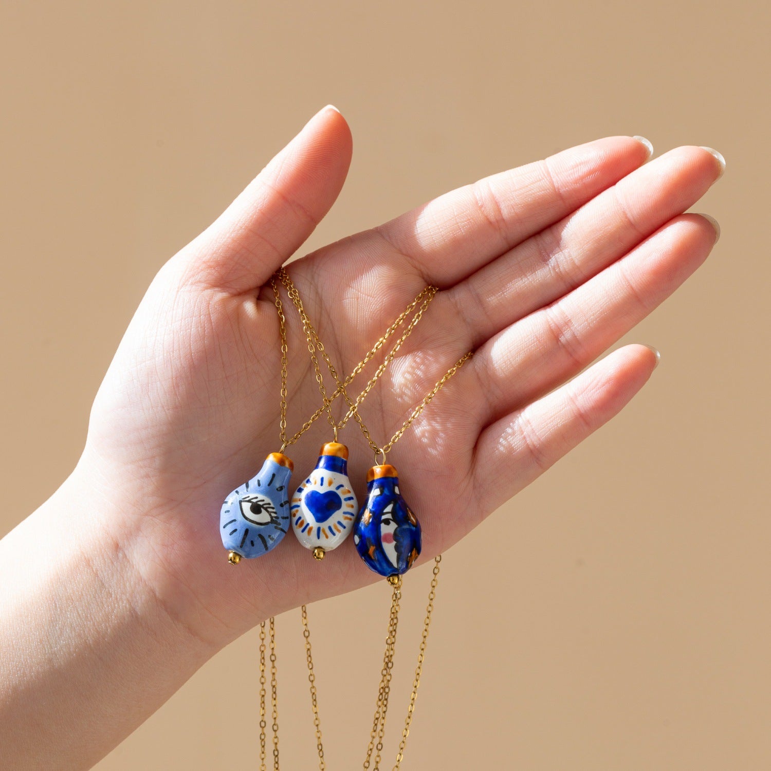 Cute Moon Pendant Necklace For Women In 304 Stainless Steel With 18K Real Gold Plated And Ceramics On Cable Chain