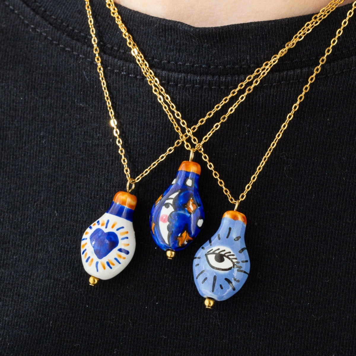 Cute Moon Pendant Necklace For Women In 304 Stainless Steel With 18K Real Gold Plated And Ceramics On Cable Chain