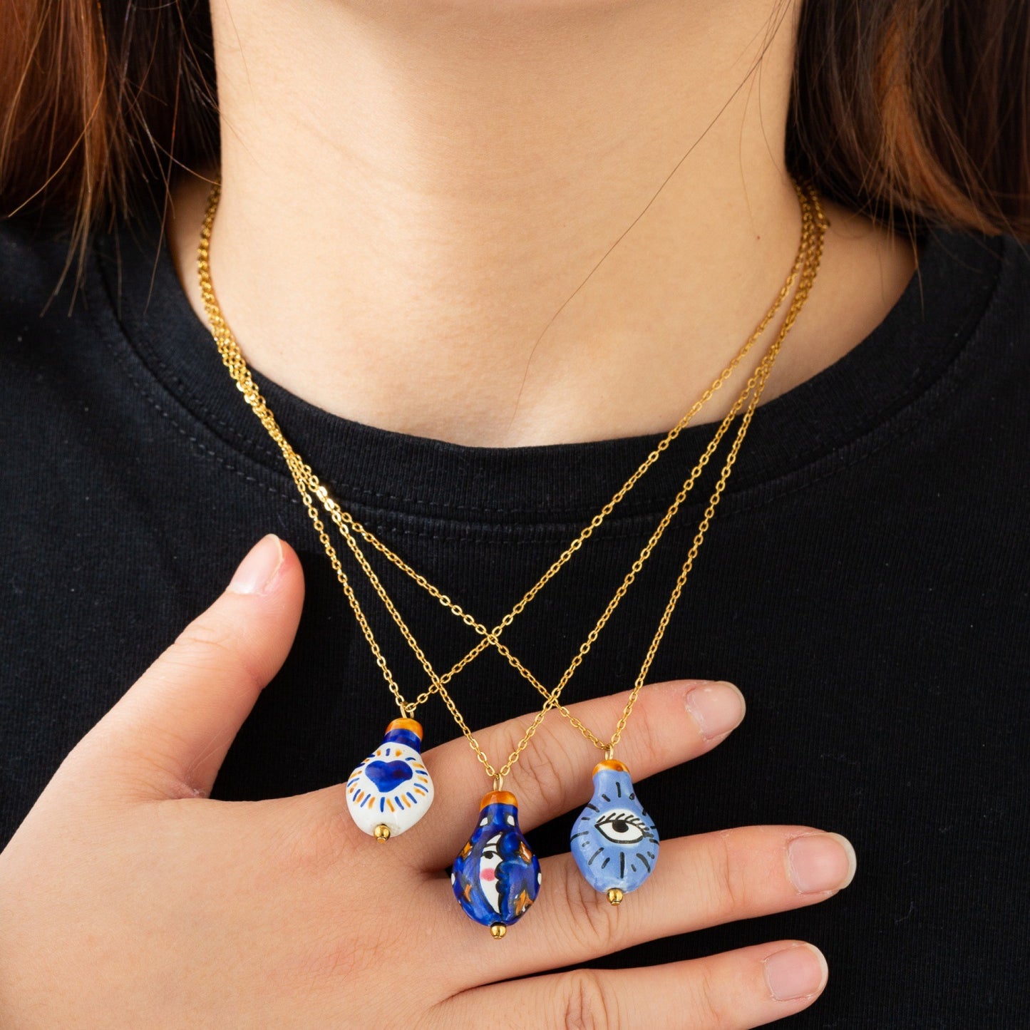 Cute Moon Pendant Necklace For Women In 304 Stainless Steel With 18K Real Gold Plated And Ceramics On Cable Chain