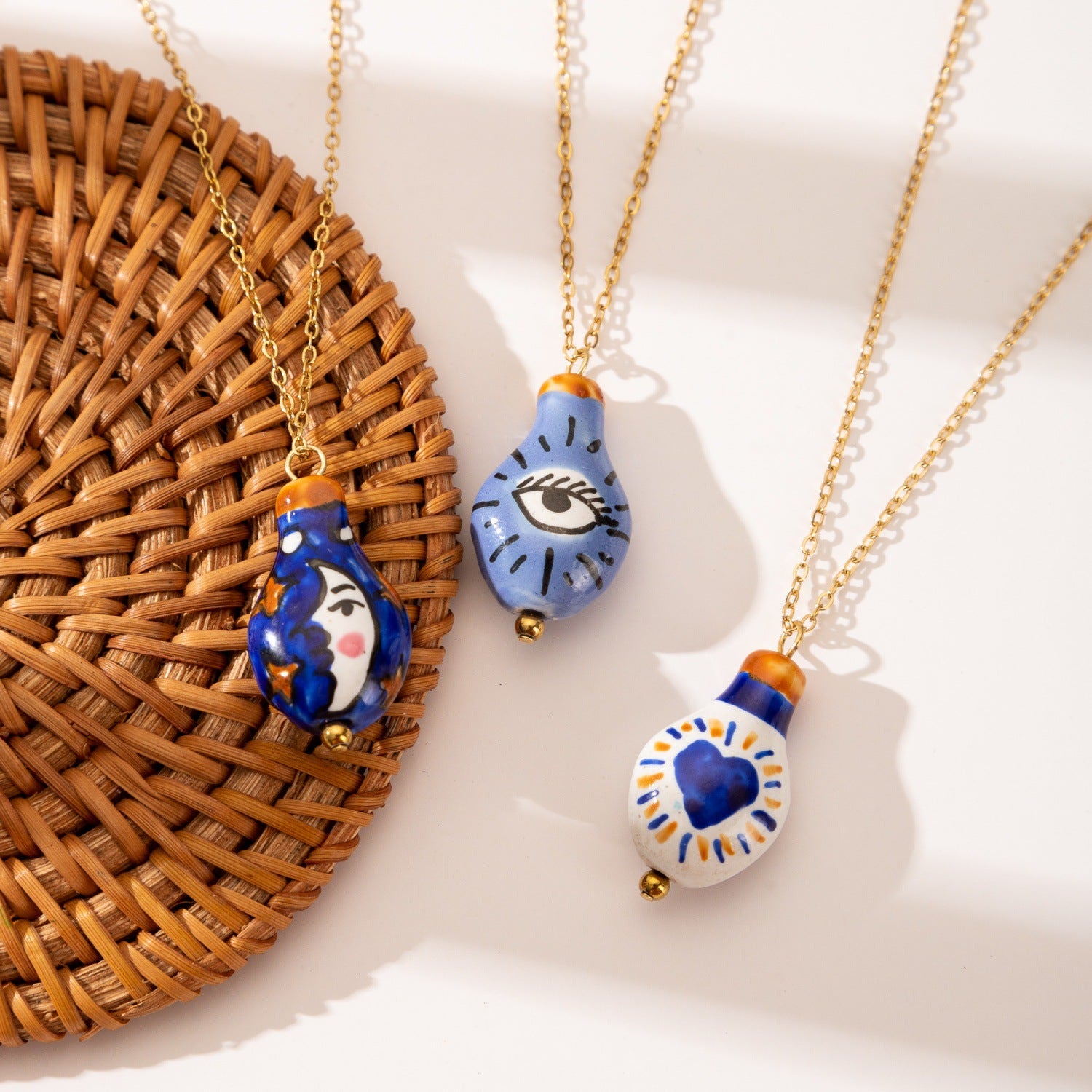 Cute Moon Pendant Necklace For Women In 304 Stainless Steel With 18K Real Gold Plated And Ceramics On Cable Chain