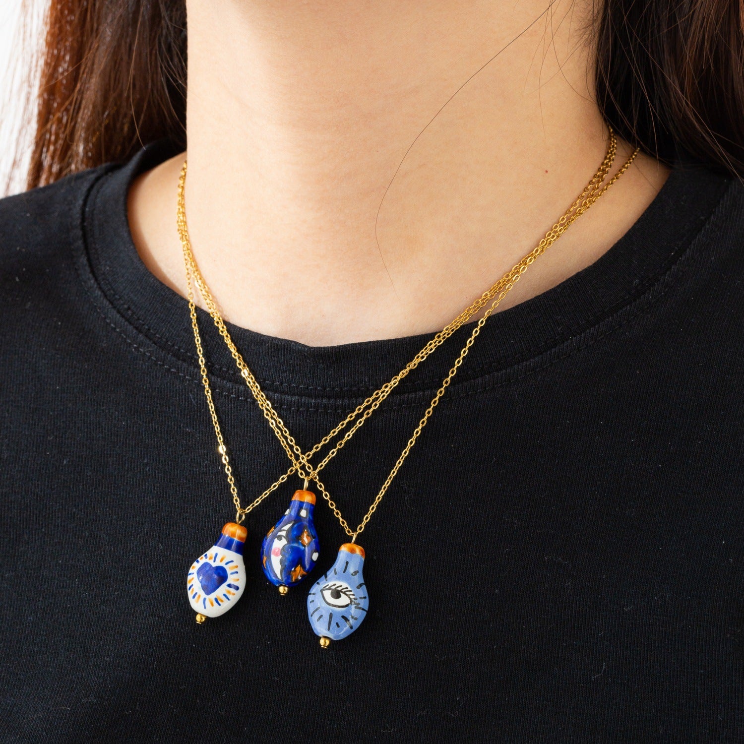 Cute Moon Pendant Necklace For Women In 304 Stainless Steel With 18K Real Gold Plated And Ceramics On Cable Chain