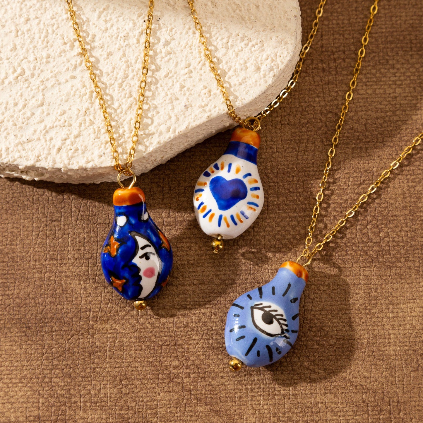 Cute Moon Pendant Necklace For Women In 304 Stainless Steel With 18K Real Gold Plated And Ceramics On Cable Chain
