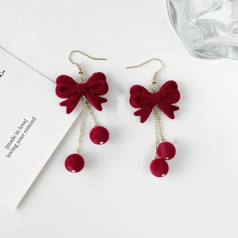 Red Flocking Bow Tie Ear Hook Earrings For New Year