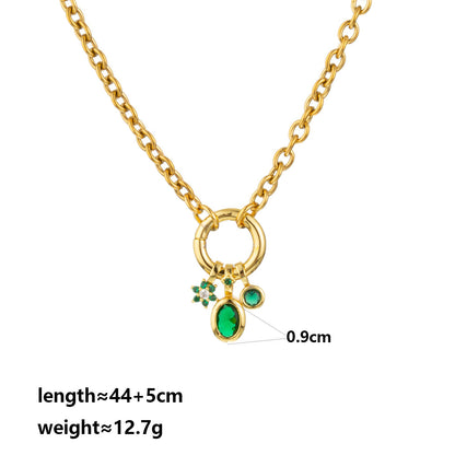 Round Pendant Necklace For Adults In Golden Plated Copper With Artificial Rhinestones And Cable Chain