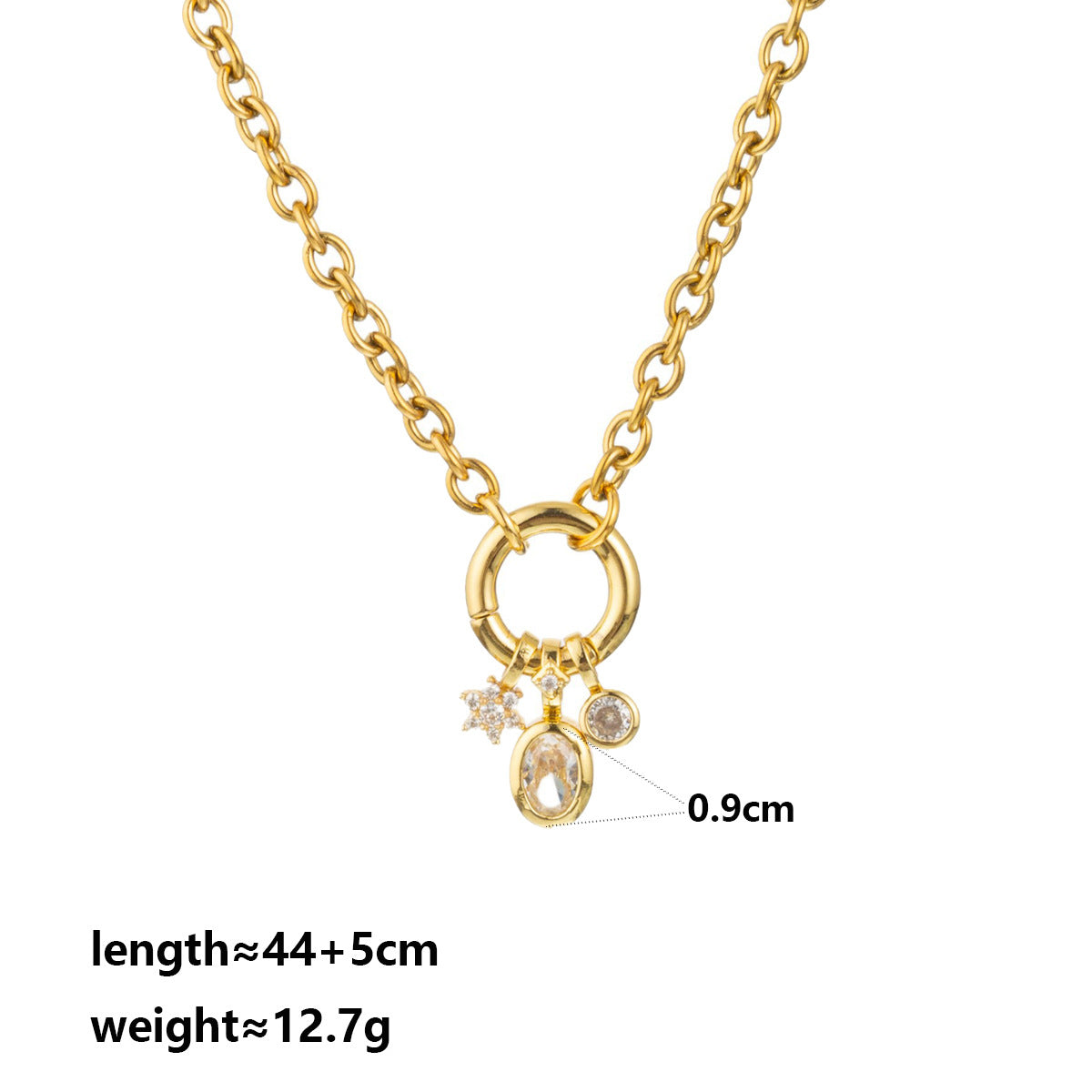 Round Pendant Necklace For Adults In Golden Plated Copper With Artificial Rhinestones And Cable Chain
