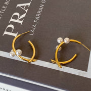 Gold Cross Highlight Pearl Earrings Gold Plated