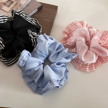 Sweet Satin Stripe Hair Tie For Women With Pink Ruffle Scrunchie Design