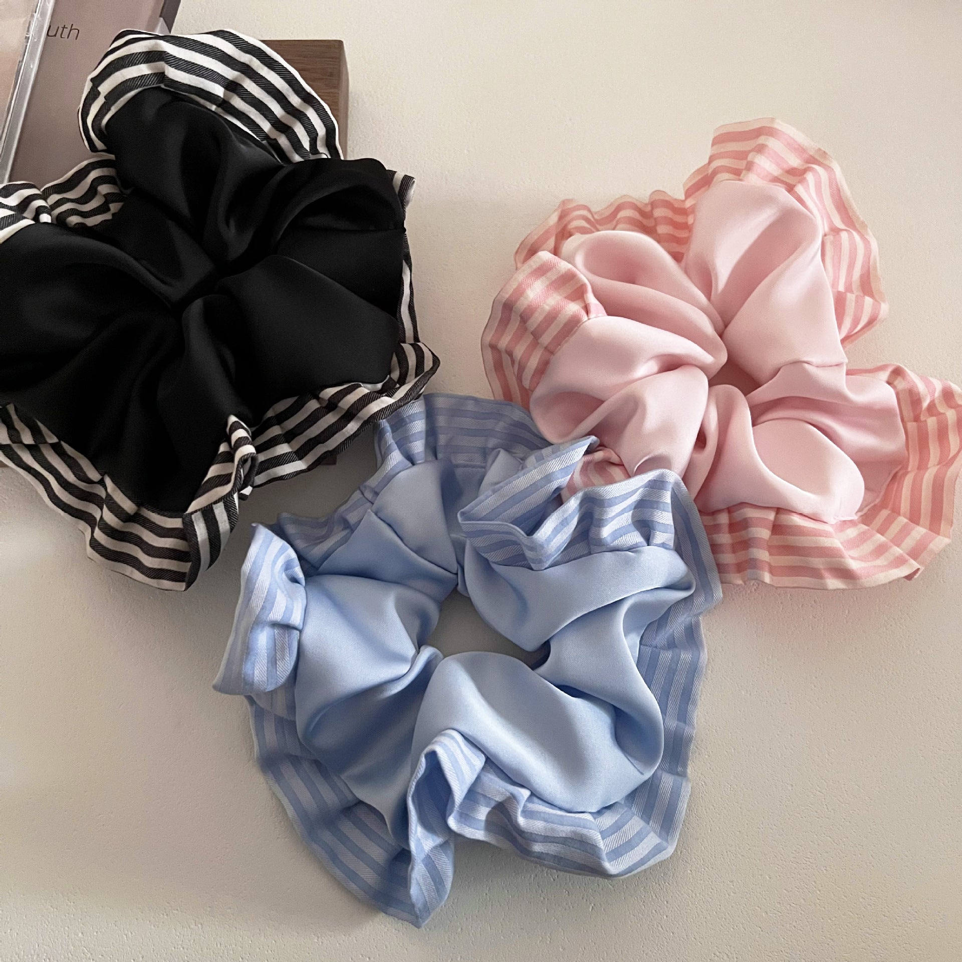 Sweet Satin Stripe Hair Tie For Women With Pink Ruffle Scrunchie Design