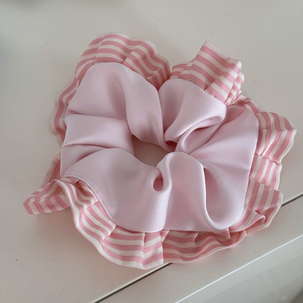 Sweet Satin Stripe Hair Tie For Women With Pink Ruffle Scrunchie Design