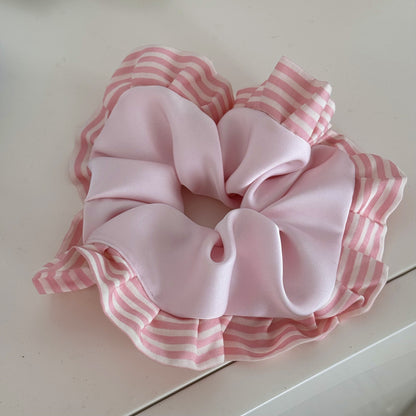 Sweet Satin Stripe Hair Tie For Women With Pink Ruffle Scrunchie Design
