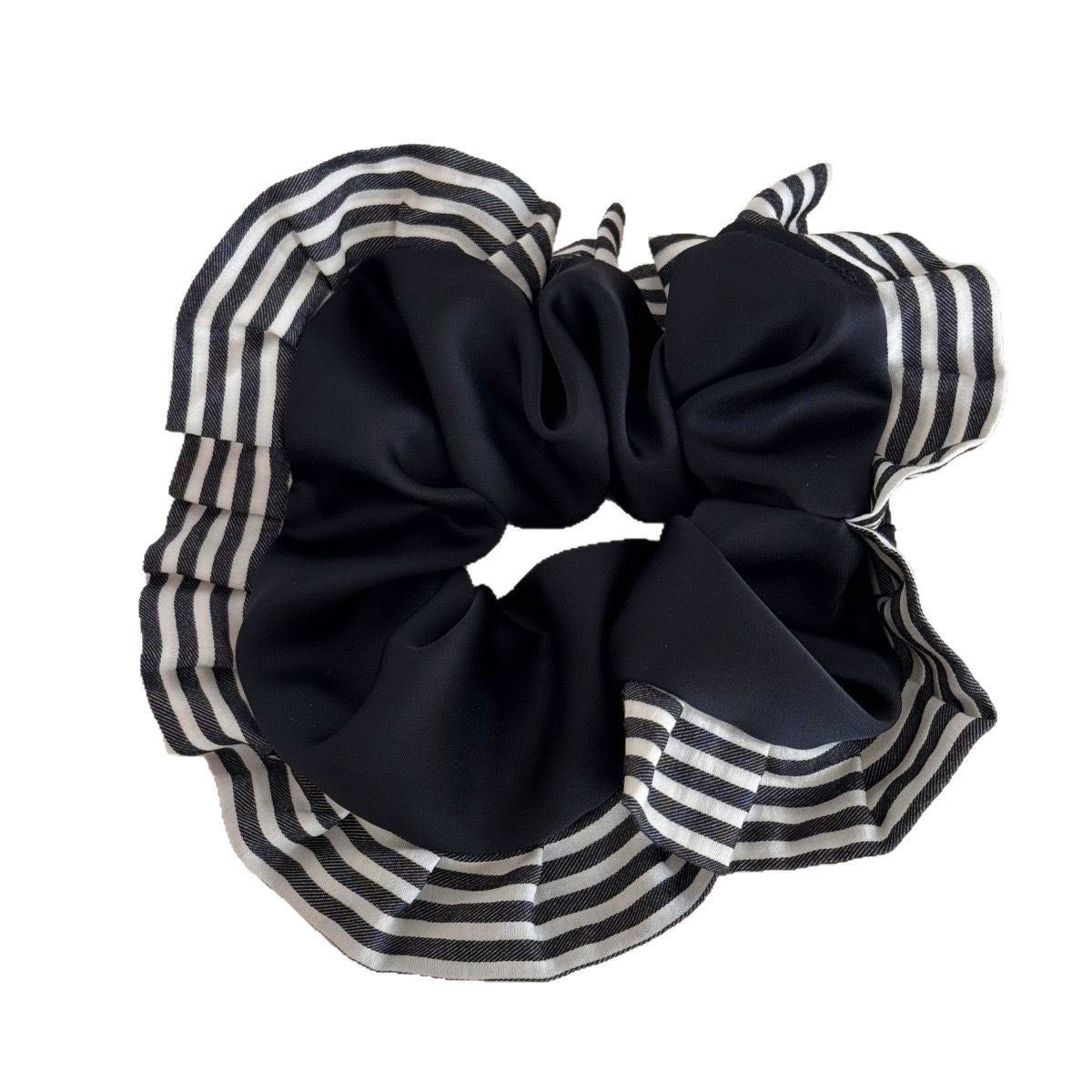 Sweet Satin Stripe Hair Tie For Women With Pink Ruffle Scrunchie Design