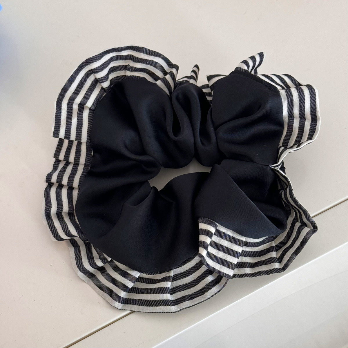 Sweet Satin Stripe Hair Tie For Women With Pink Ruffle Scrunchie Design