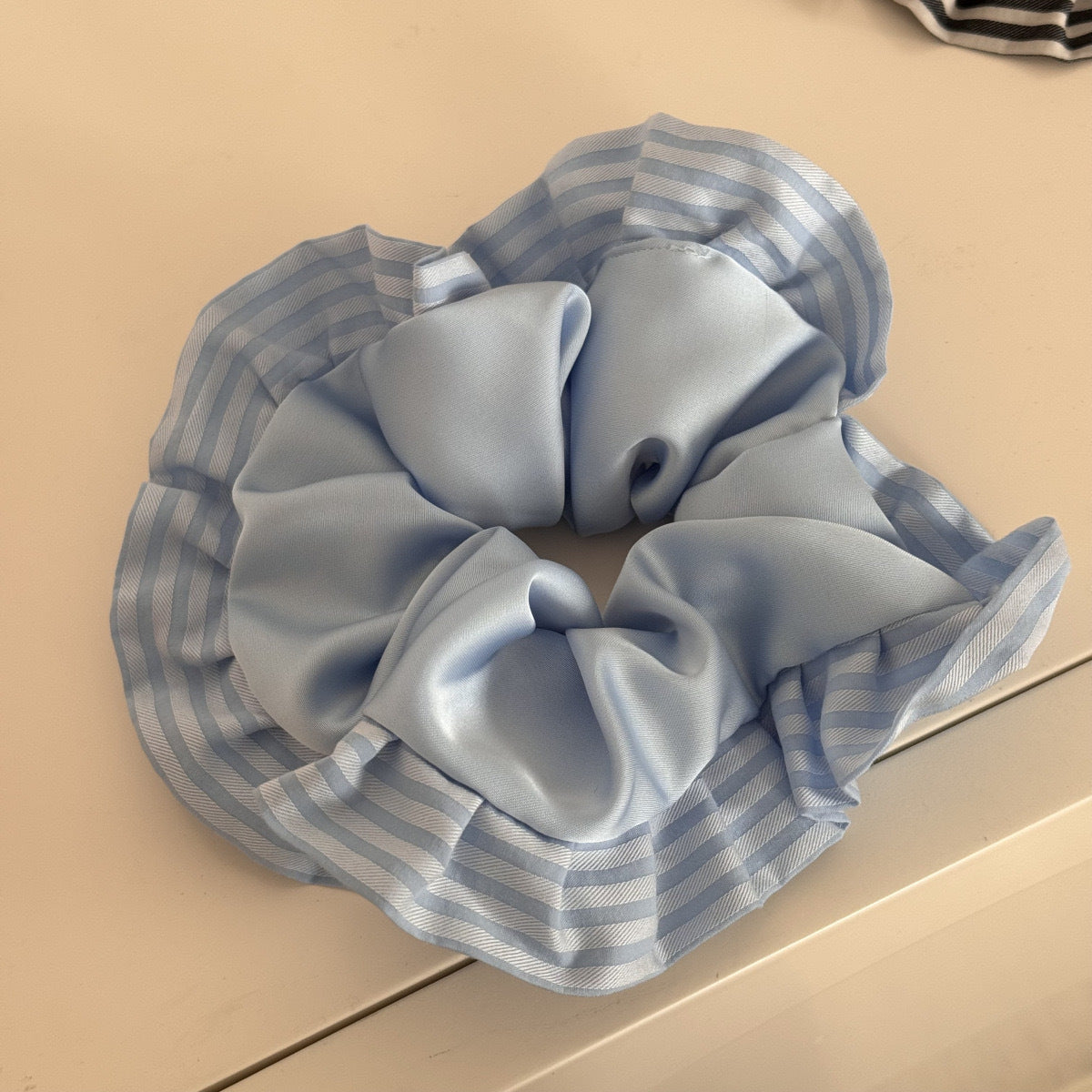 Sweet Satin Stripe Hair Tie For Women With Pink Ruffle Scrunchie Design