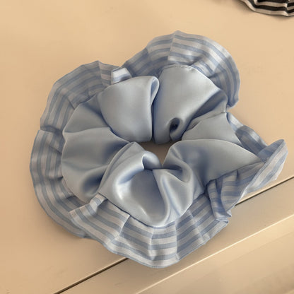 Sweet Satin Stripe Hair Tie For Women With Pink Ruffle Scrunchie Design