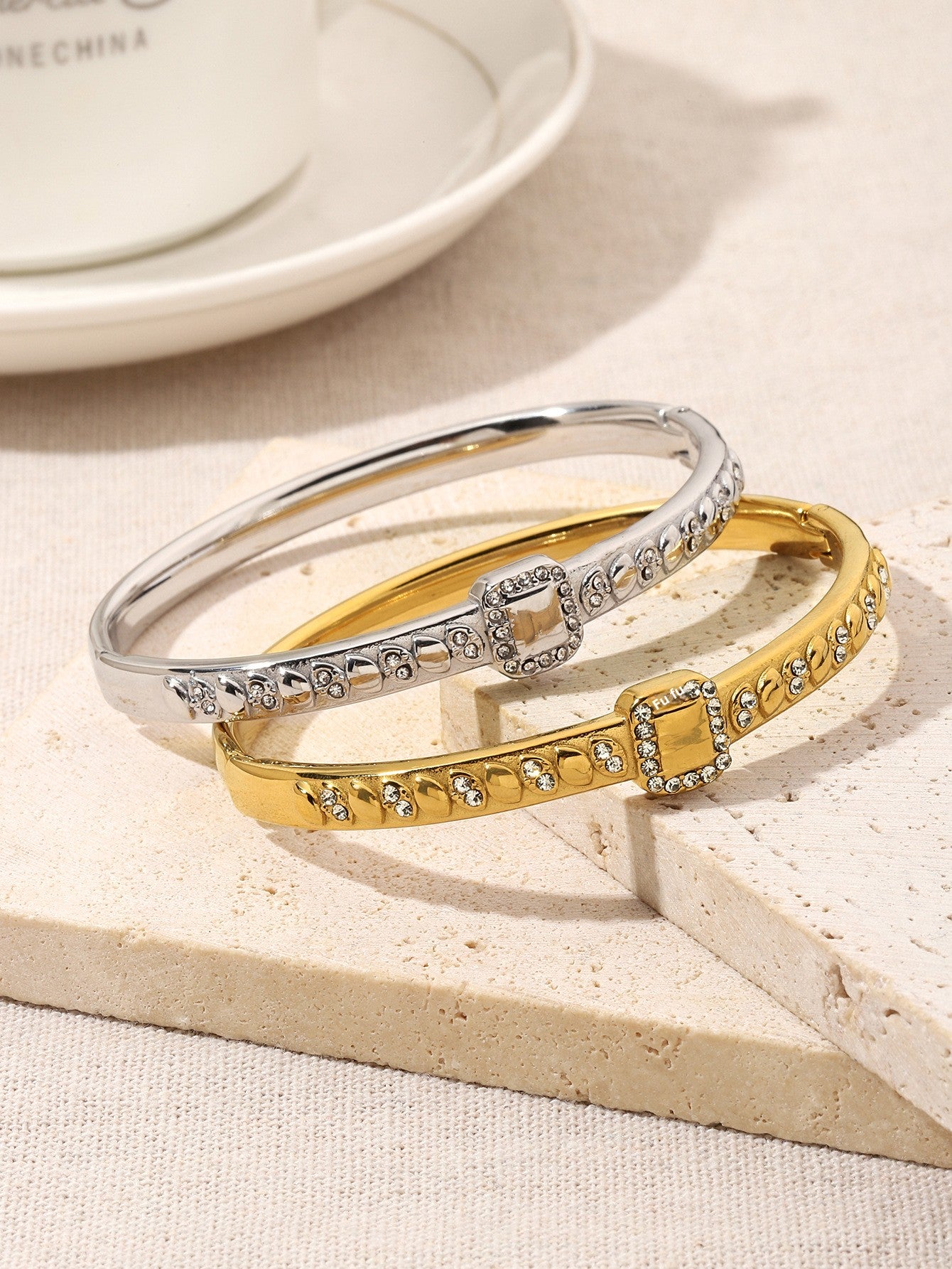 Water Droplets Bangle For Women In Golden Titanium Steel Featuring Rhinestones Inlay