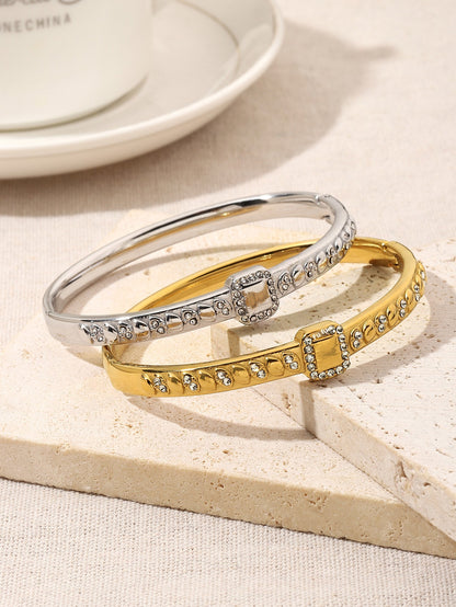 Water Droplets Bangle For Women In Golden Titanium Steel Featuring Rhinestones Inlay