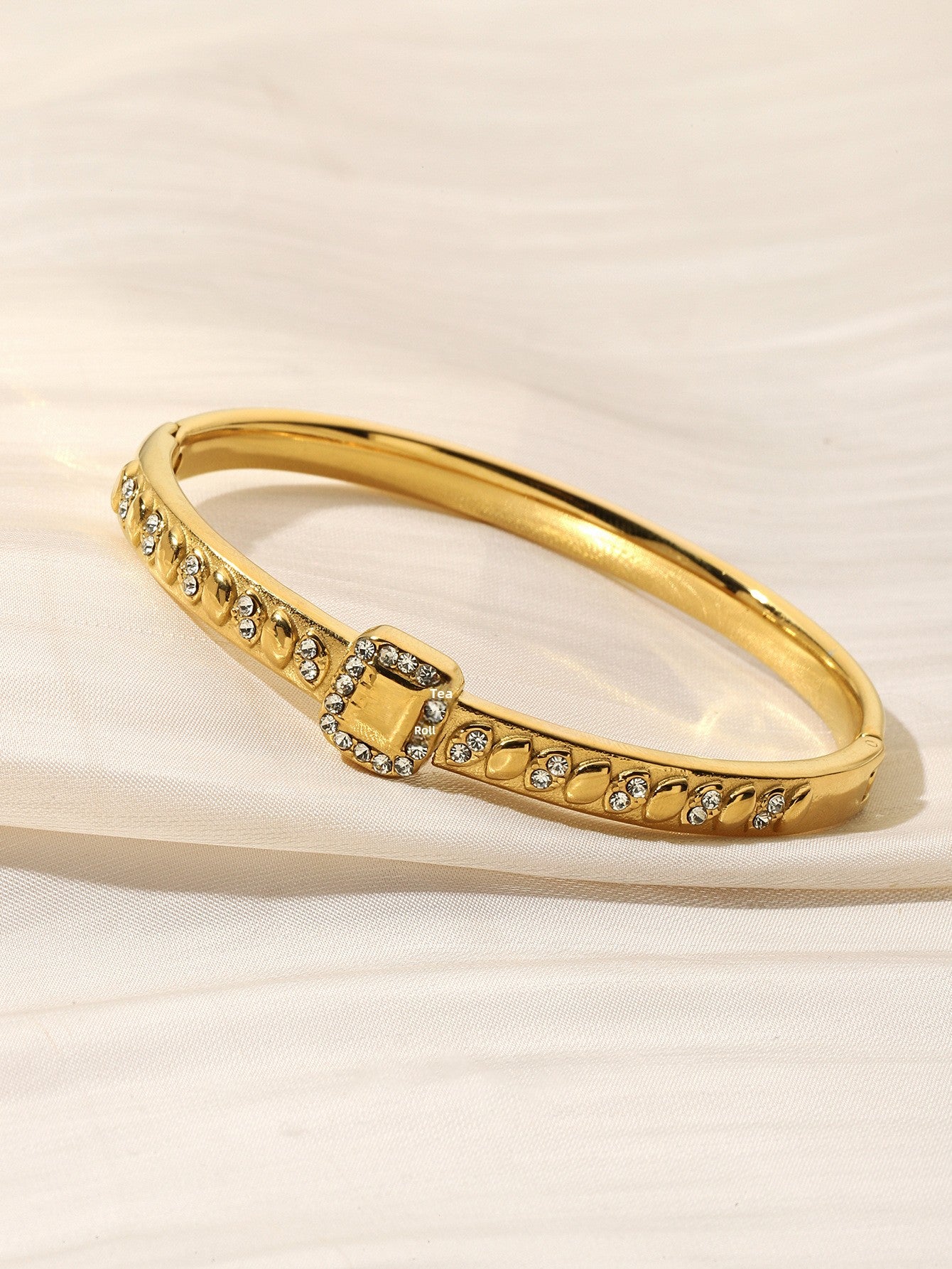 Water Droplets Bangle For Women In Golden Titanium Steel Featuring Rhinestones Inlay