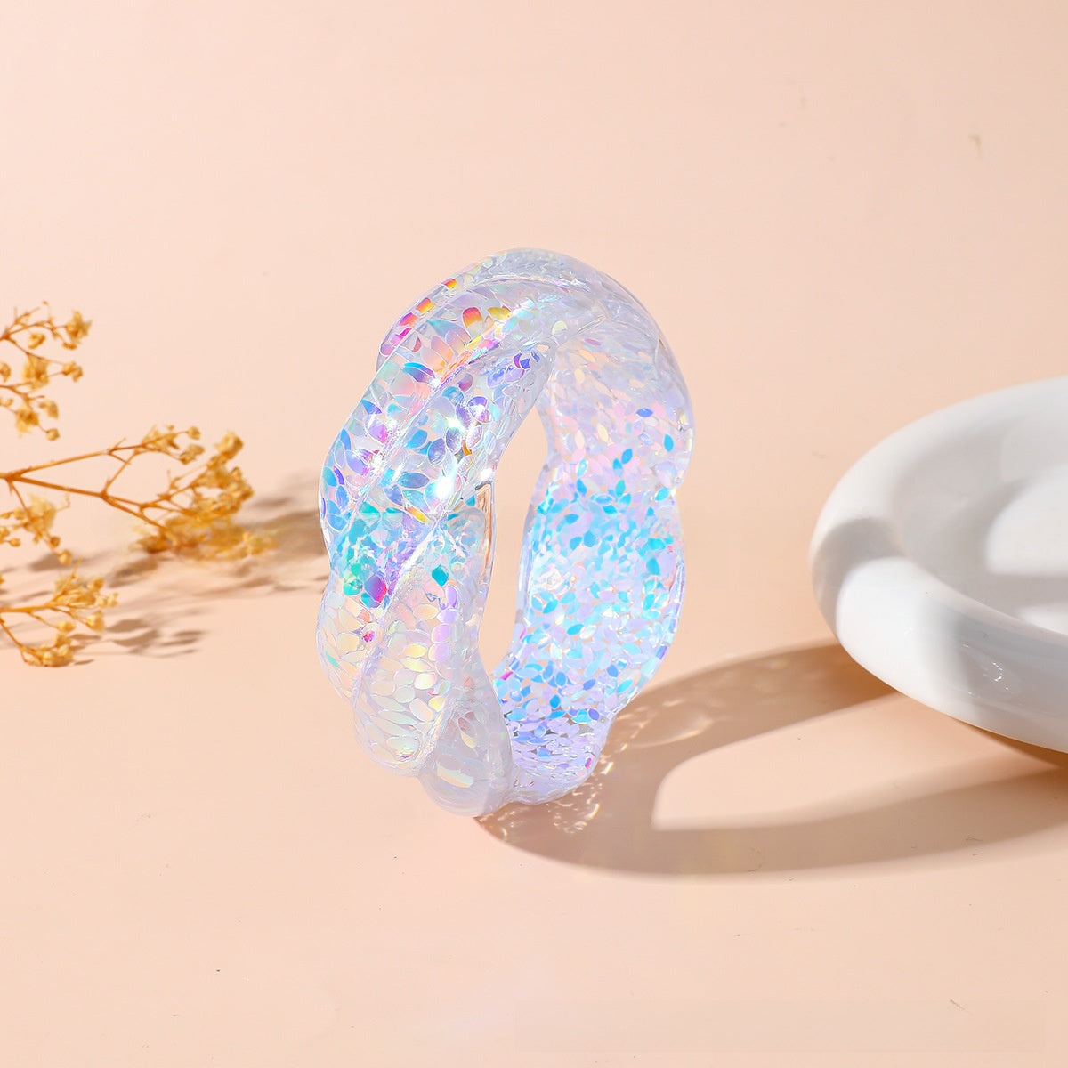 Irregular Resin Bangle For Women With Colourful Sequins Inlay