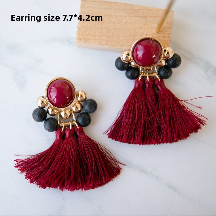 Retro Red Tassel Earrings For Women In Alloy Material Featuring Elegant Craftsmanship