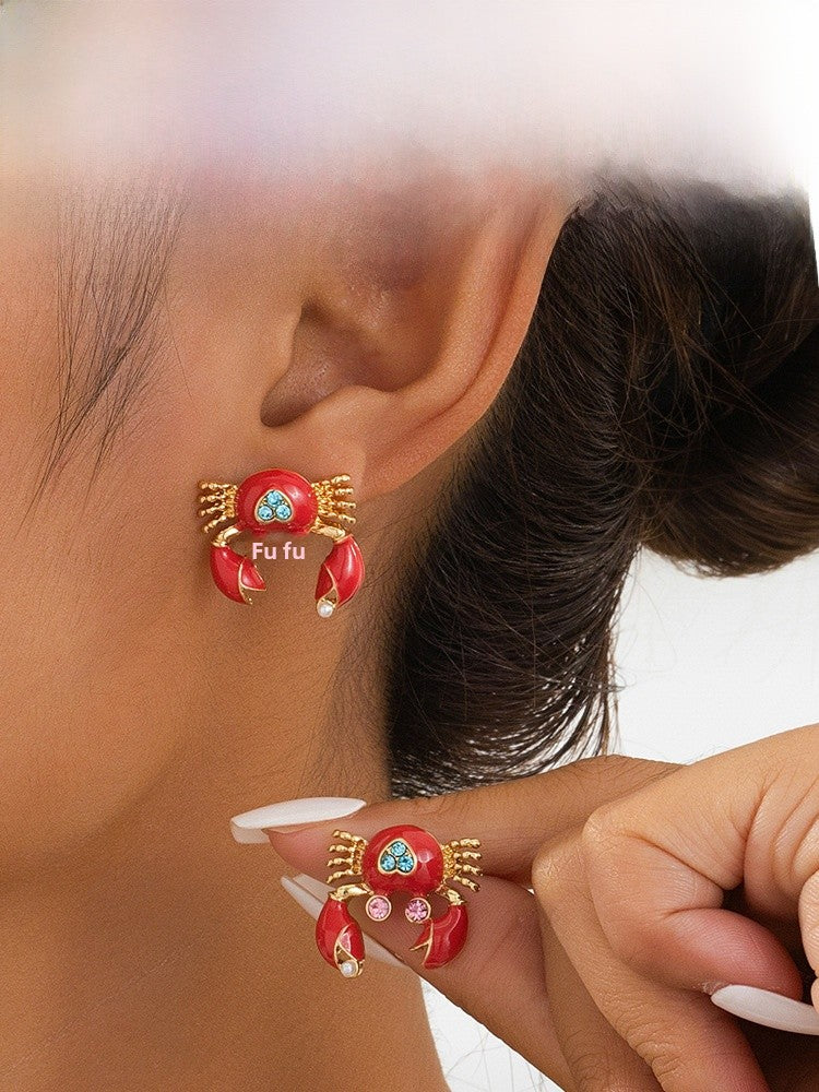 Sweet Crab Stud Earrings For Women Featuring Zinc Alloy Material In Red Color
