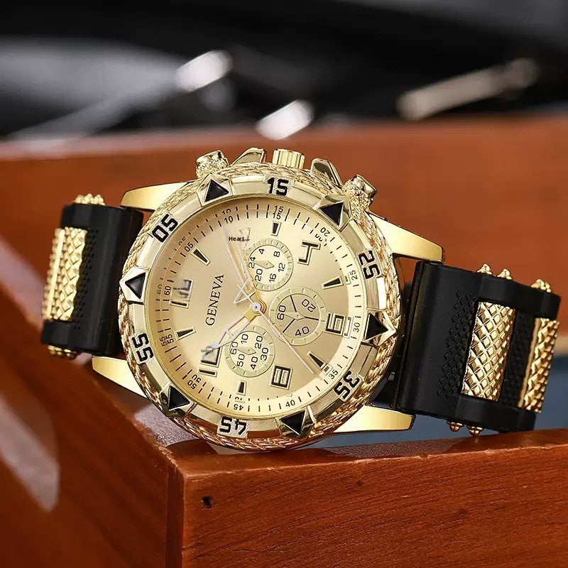 Men's Quartz Watch With Silica Gel Strap And Buckle, Featuring Tempered Glass Mirror And Pointer Display