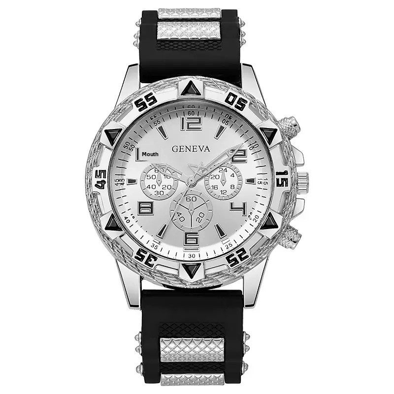 Men's Quartz Watch With Silica Gel Strap And Buckle, Featuring Tempered Glass Mirror And Pointer Display