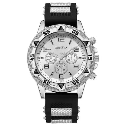 Men's Quartz Watch With Silica Gel Strap And Buckle, Featuring Tempered Glass Mirror And Pointer Display