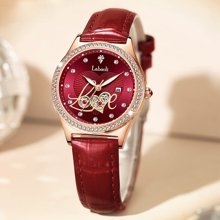 Women's Round Dial Quartz Watch With Genuine Leather Strap, Tempered Glass Mirror, Pointer Display, And Butterfly Double Snap Buckle