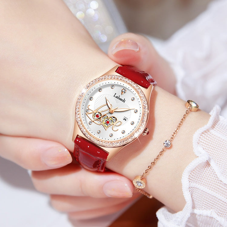 Women's Round Dial Quartz Watch With Genuine Leather Strap, Tempered Glass Mirror, Pointer Display, And Butterfly Double Snap Buckle