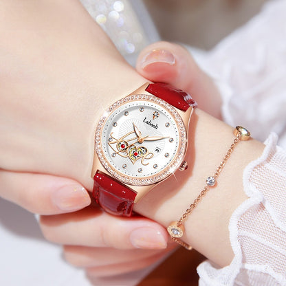 Women's Round Dial Quartz Watch With Genuine Leather Strap, Tempered Glass Mirror, Pointer Display, And Butterfly Double Snap Buckle
