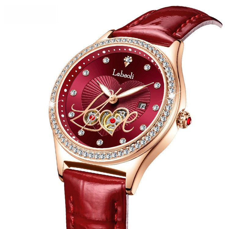 Women's Round Dial Quartz Watch With Genuine Leather Strap, Tempered Glass Mirror, Pointer Display, And Butterfly Double Snap Buckle