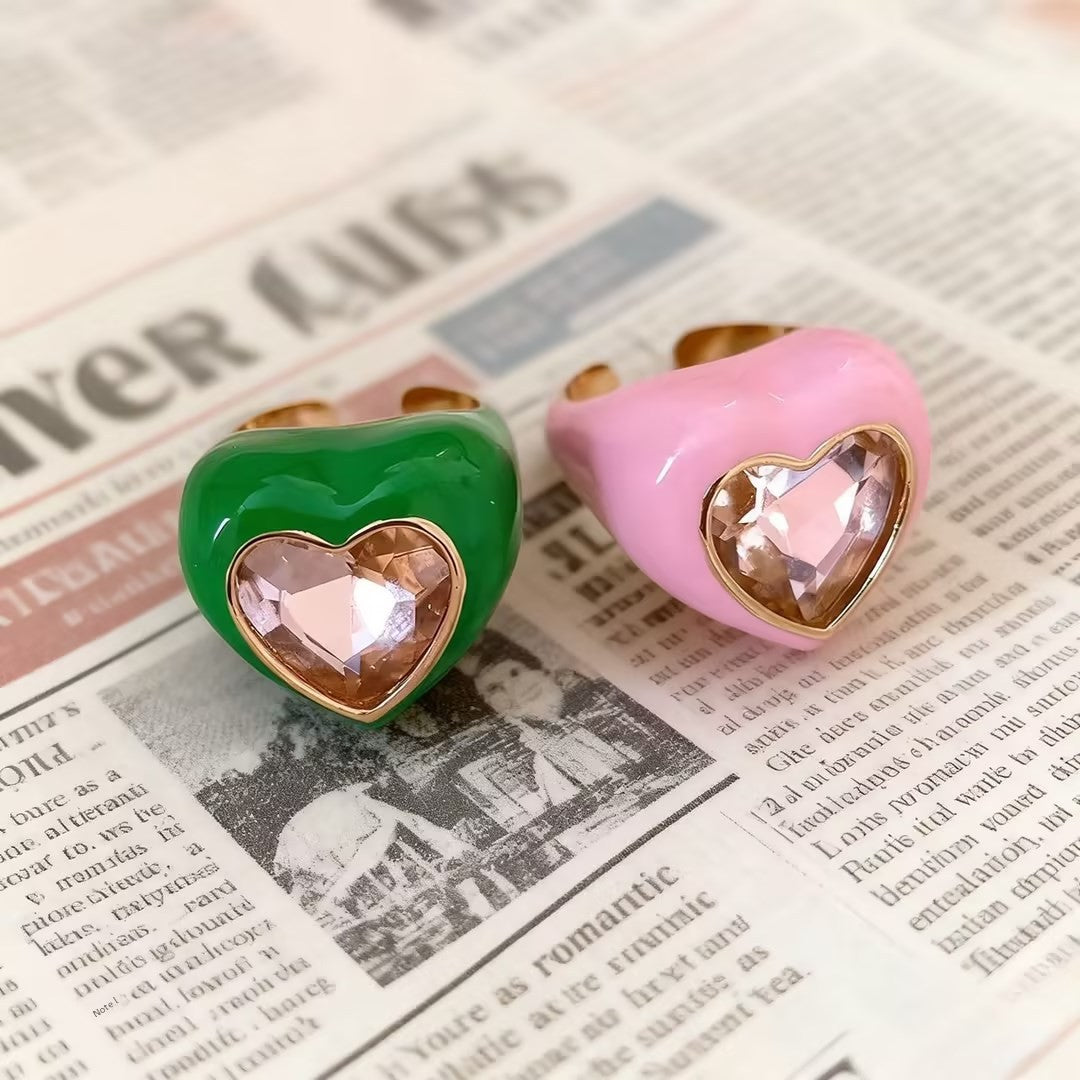 Sweet Heart Shape Open Ring For Women In Pink Alloy Featuring Enamel Craft
