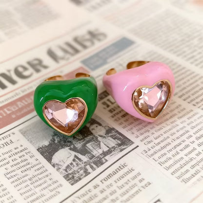 Sweet Heart Shape Open Ring For Women In Pink Alloy Featuring Enamel Craft